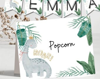 Dinosaur Party Banner & Food Tent Cards, Printable Dino Birthday Decor, Digital Download, Pink Gold Girl Dino Theme, Instant Download
