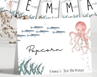 Under the Sea Banner & Food Tent Cards, Editable Ocean Theme Party Decor, Gender Neutral Octopus Whale, Printable Digital Download, birthday