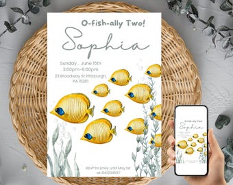 Under the Sea Birthday Invitation, Editable Canva Template, O-fish-ally Two Fish Party Invite, Ocean Life Birthday, Digital Download