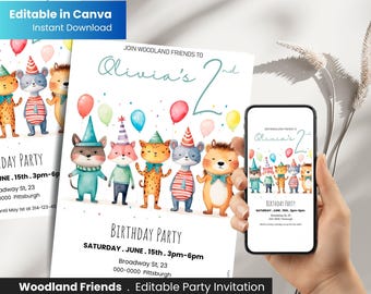 Woodland Friends Birthday Invitation, Editable Canva Template, Printable & Digital Invite, Instant Download, second birthday invite
