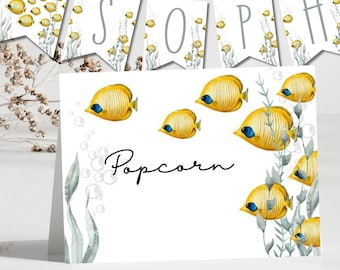 Under the Sea Banner & Food Tent Cards, Editable Canva Template, Ocean Fish Party Decor, Custom Name Banner, Ocean Birthday Decor,Fish party