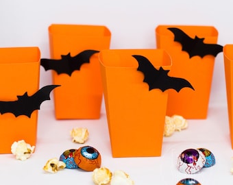 Halloween Popcorn box. Kit of 8 units. Halloween theme. Black Bat and orange boxes. Party decor, perfect party decor