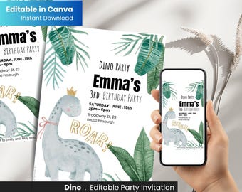 Dinosaur Birthday Invitation Girl, Editable Dino Party Invite, Printable & Digital Download, Canva Template, Pink Gold Dino Theme