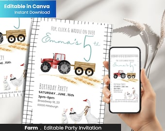 Farm Birthday Invitation Editable, Tractor Party Invite Template, Woodland Animals Printable, Girl or Boy 5th Birthday Digital Download