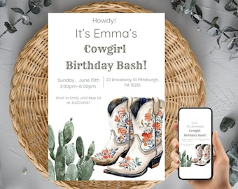 Cowgirl Birthday Invitation, Editable Western Party Invite, Boots & Cactus Printable, Instant Download Girl Birthday Template,Cowgirl invite