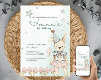 Bunny Ice Cream Birthday Invitation, Printable 1st Birthday Party Invite, Editable Girl Birthday Card, Digital Download Template Canva