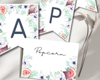Fig Floral Garden Printable Banner A-Z 0-9 + Editable Food Tent Cards – Party Decor Digital Download, Girl 1st Birthday