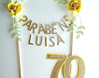 Cake Topper with roses and message. Cake Topper. wedding cake topper, glitter gold cake topper