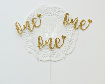 Set Of 12 "One" Glitter Cupcake Toppers – Gold Glitter, First Birthday Party Decorations - View #3