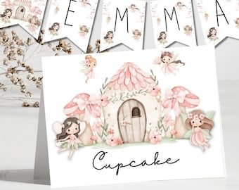 Fairy Cottage Party Bundle, Food Tent Cards & Alphabet Banner, Woodland Fairy Garden Decor, Editable,  Printable, Instant Download, birthday