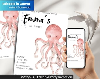 Octopus Birthday Invitation Girl, Editable Pink Watercolor Under The Sea Invite, Ocean Party Template, Instant Download Canva, Octopus party