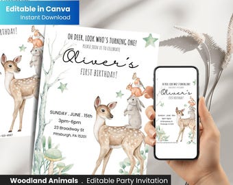 Oh Deer Birthday Invitation, Editable Woodland Animals Invite,Deer Bunny Squirrel Printable, Digital Download Any Age Template,editable name