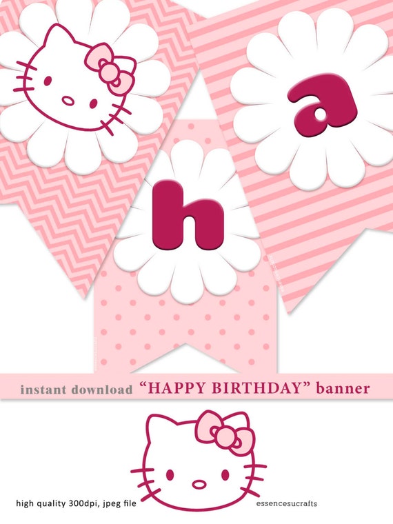 Happy Birthday Party Decor Garland Hellokitty Diy Banner Decor And Food Tent Card Baby Girl Party Decor Instant Download Printable