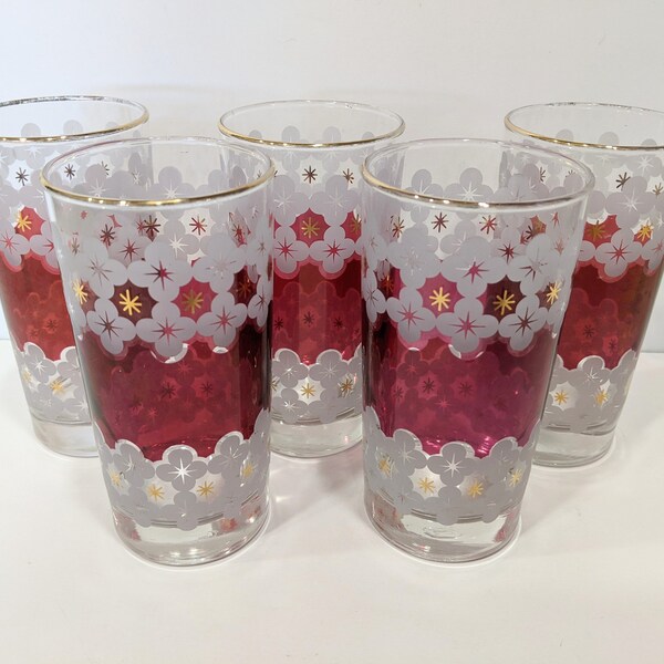 Libbey Gold Starburst Snowflake Cherry Blossom Cranberry Red Tumblers Set of 5