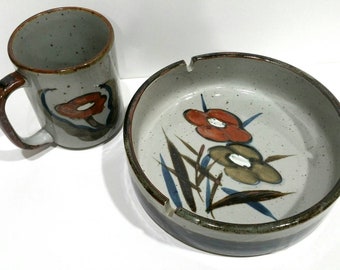 Otagiri Stoneware Flower Ashtray with Matching Mug