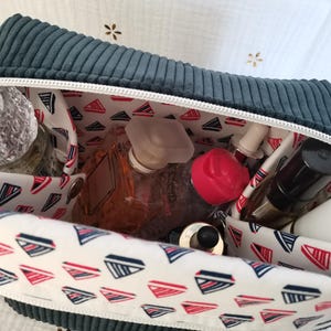 Trousse de toilette en velours côtelé deux compartiments, trousse pour elle et lui,personnalisable. cadeau saint valentin/fêtes des mères