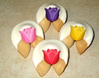 12 TULIP FLOWERS Assorted Chocolate Dipped & Decorated Fortune Cookies, Birthday Flowers, Mother's Day, Summer, Garden, Feminine, Spring