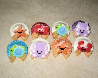 12 SEA CREATURES White Chocolate Dipped & Decorated Fortune Cookies Birthday, Party, Celebration, Beach, Luau, Summer, Hawaiian, Sea, Ocean
