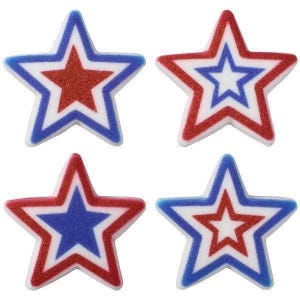 May include: Four star-shaped decorations in red, white, and blue. Each star has a layered design with a white outline and a glittery texture. The stars are arranged in a square formation.