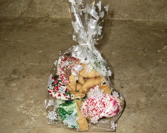 6 CHRISTMAS White Choc. Fortune Cookies in Snowflake Gift Bag, Holiday, Holly, Poinsettia, Snowman, Wreath, Snowflake, Corporate, Party