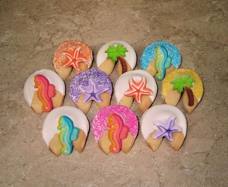 Dolphin Luau Summer Beach Sand Birthday Hawaiian 24 TROPICAL White Chocolate Dipped /& Decorated Fortune Cookies with FREE SHIPPING