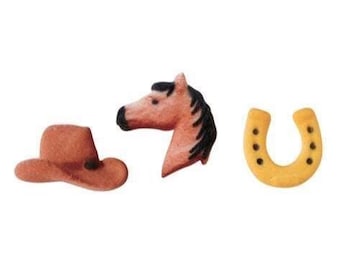 12 Western Sugar Decorations, Cupcake Toppers, Cake Topper, Birthday Party, Sugar Decors, Cowboy Hat, Horse, Horseshoe, Texas, Chocolate Bom