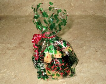6 CHRISTMAS Milk Choc. Fortune Cookies in Holly Gift Bag, Holiday, Santa, Poinsettia, Snowman, Wreath, Snowflake, Corporate, Christmas Party