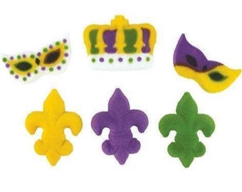 12 Mardi Gras Sugar Decorations, Cupcake Topper, Cake Topper, Fat Tuesday, King Cake Baby, New Orleans, King Louis XIV, Ash Wednesday, Bombs