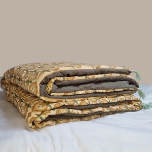 end of bed, caravan-style foot cover in genuine Indian cotton and dark khaki cotton crepe