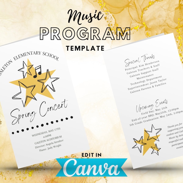 Music Program TEMPLATE, instant digital download, edit in Canva, Choir, Band, Orchestra, Piano, recital program