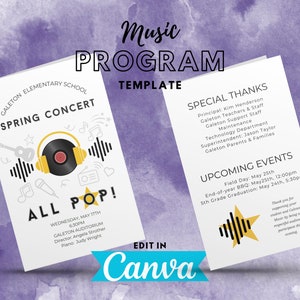 Music Program TEMPLATE, instant digital download, edit in Canva, Choir, Band, Orchestra, Piano, recital program, spring, pop