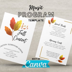 Music Program TEMPLATE, Fall, instant digital download, edit in Canva, Choir, Band, Orchestra, Piano, recital program