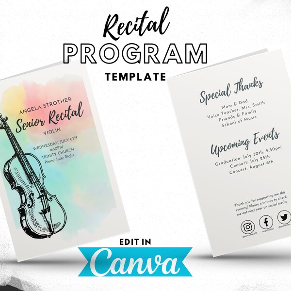 Music Program TEMPLATE, instant digital download, edit in Canva, Choir, Band, Orchestra, Piano, recital program, violin, instrumental