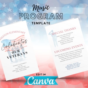 Music Program TEMPLATE, Veterans Day, instant digital download, edit in Canva, Choir, Band, Orchestra, Piano, recital program