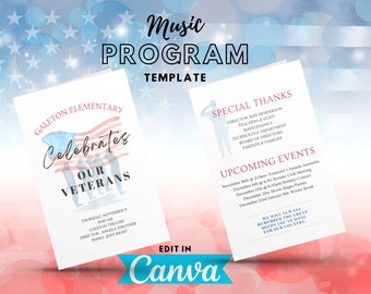 Music Program TEMPLATE, Veterans Day, instant digital download, edit in Canva, Choir, Band, Orchestra, Piano, recital program