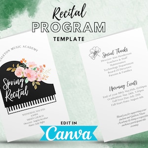 Music Program TEMPLATE, instant digital download, edit in Canva, Choir, Band, Orchestra, Piano, recital program