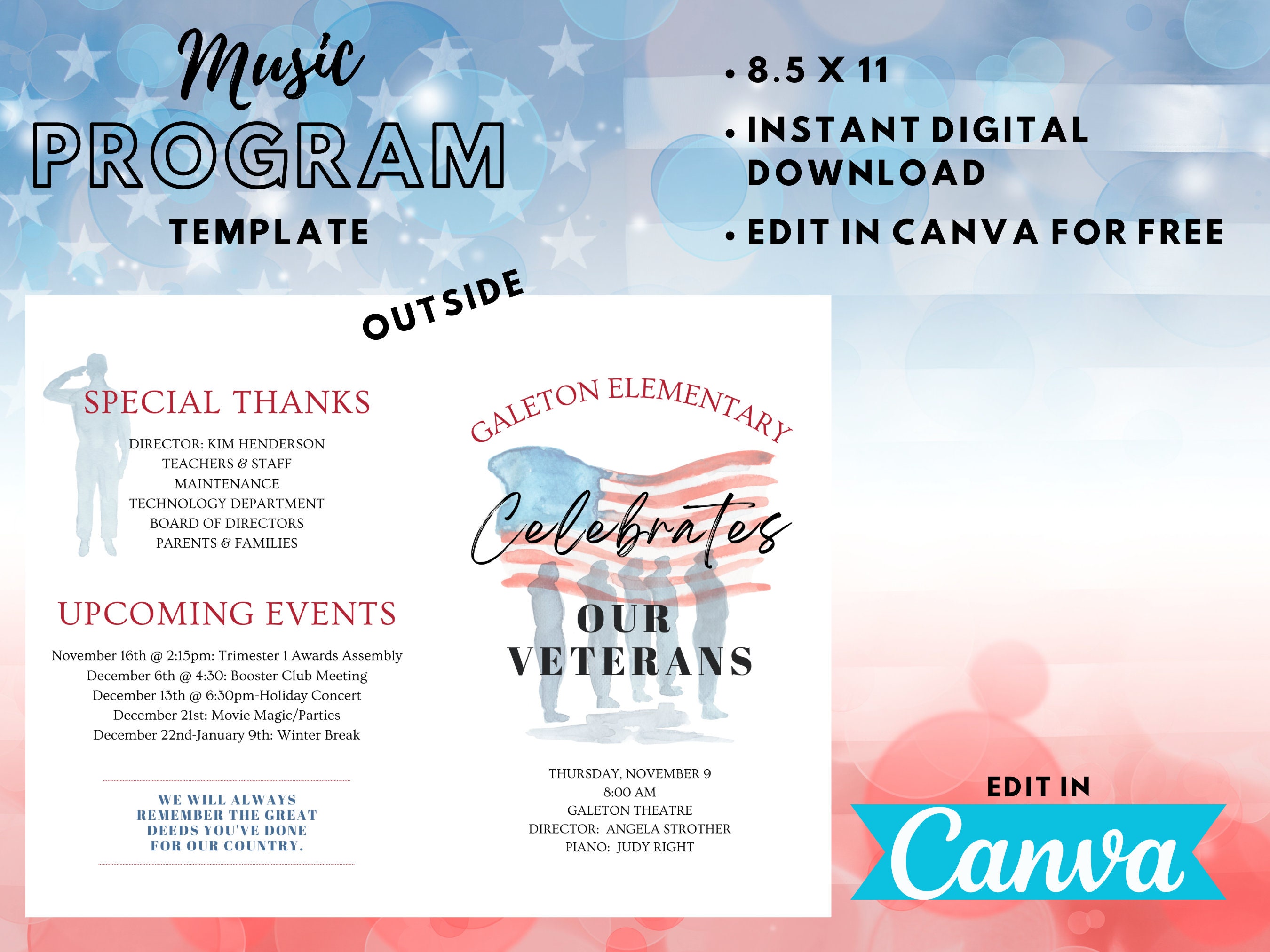 Veterans Day Music Program Template, Canva Editable (digital Download ...