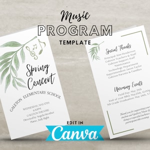 Music Program TEMPLATE, instant digital download, edit in Canva, Choir, Band, Orchestra, Piano, recital program