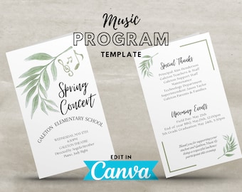 Music Program TEMPLATE, instant digital download, edit in Canva, Choir, Band, Orchestra, Piano, recital program