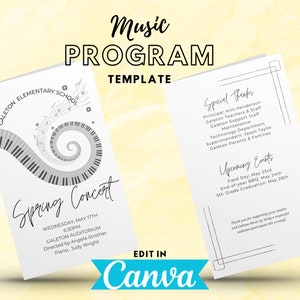 Music Program TEMPLATE, instant digital download, edit in Canva, Choir, Band, Orchestra, Piano, recital program