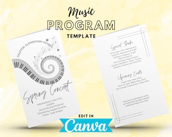 Music Program TEMPLATE, instant digital download, edit in Canva, Choir, Band, Orchestra, Piano, recital program