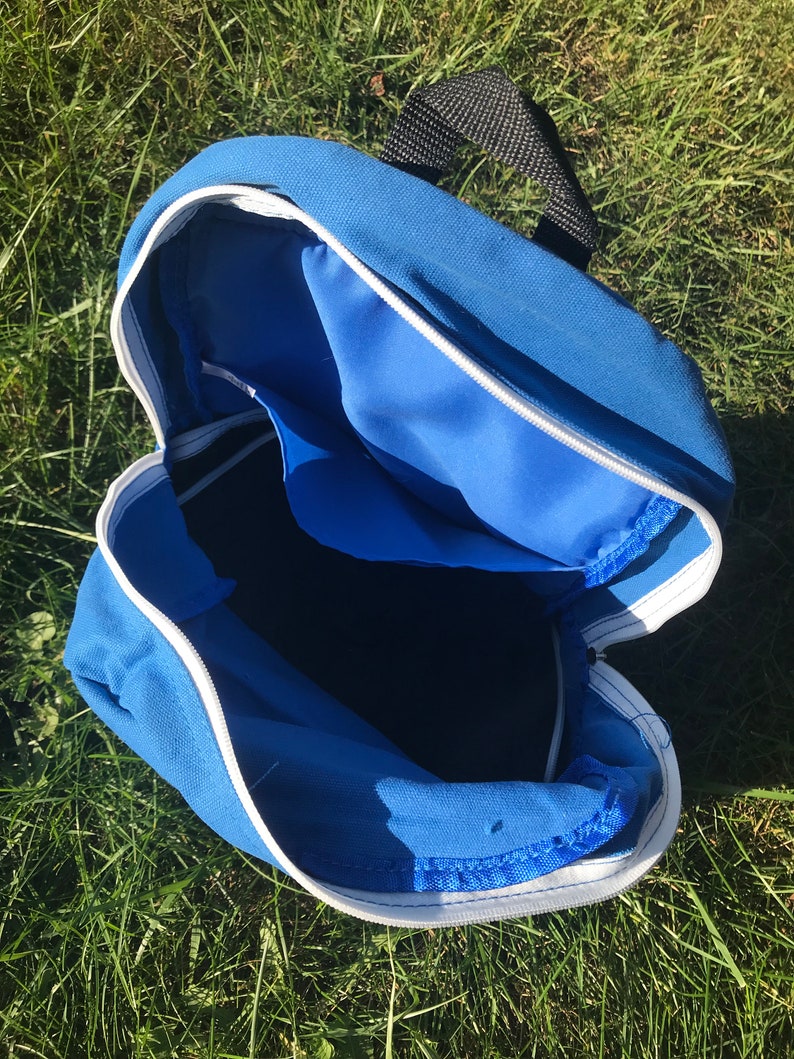 Pu&ograve; includere: Uno zaino in tela blu con una cerniera bianca e un manico nero. Lo zaino &egrave; aperto e vuoto.