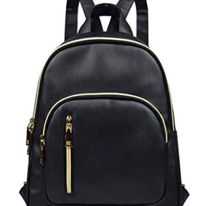 May include: A black leather backpack with gold accents and a zippered front pocket.