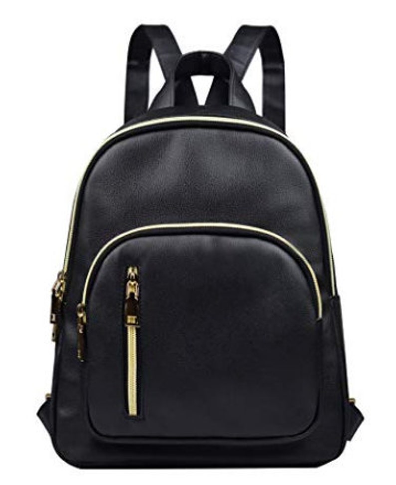 May include: A black leather backpack with gold accents and a zippered front pocket.