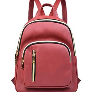 May include: A burgundy faux leather backpack with gold zipper accents and a front pocket.