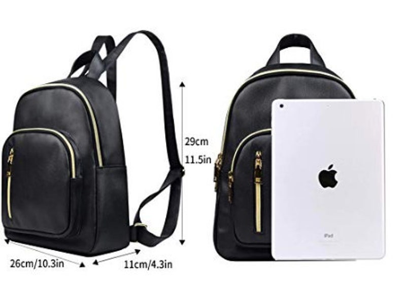 May include: Black faux leather backpack with gold accents and zippers. The backpack has a main compartment, a front pocket, and two side pockets. It measures 10.3 inches wide, 11.5 inches tall, and 4.3 inches deep.