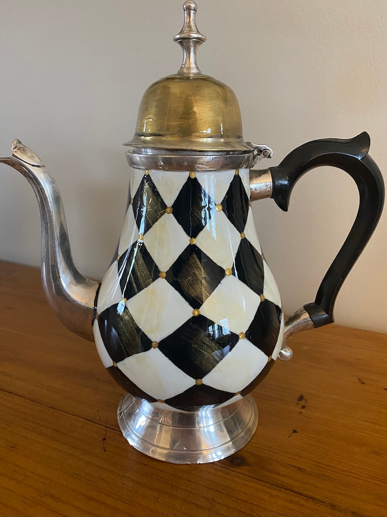 Vintage hand painted silver black and white harlequin teapot vase
