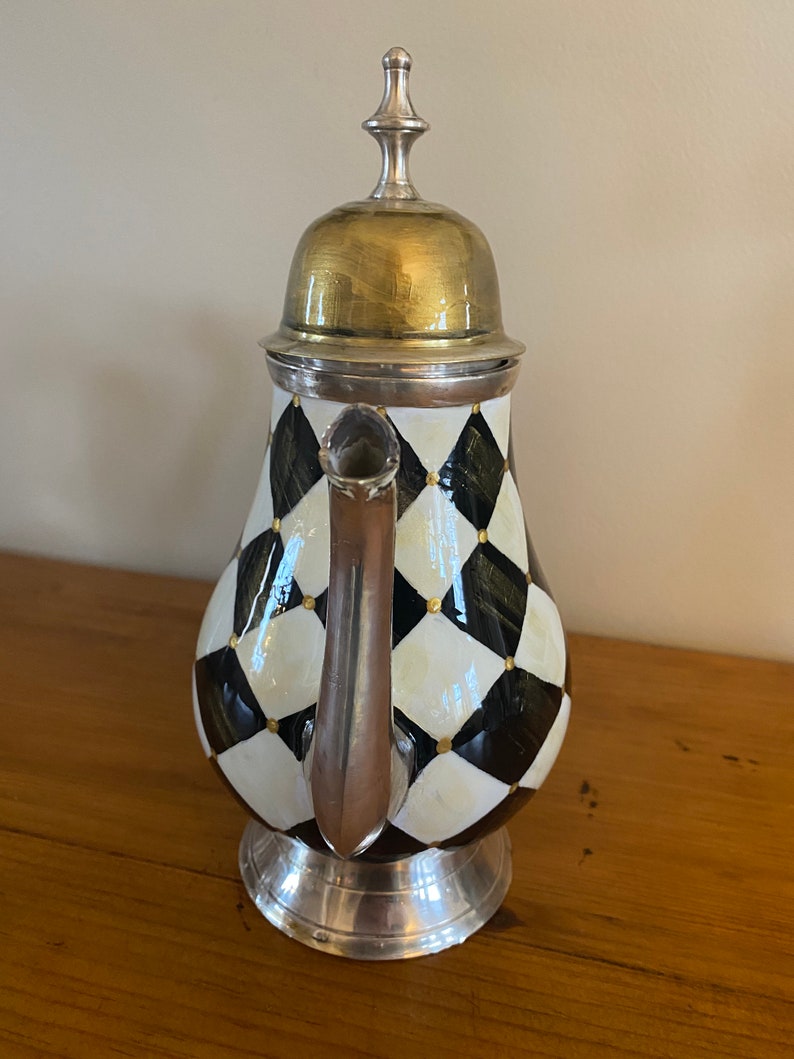 Vintage hand painted silver black and white harlequin teapot vase