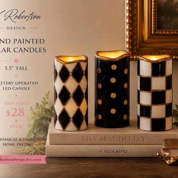 Hand Painted Black And White Check Flameless Candle 5.5”