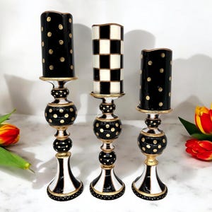Whimsical Black and White Checked Hand Painted Candle Sticks